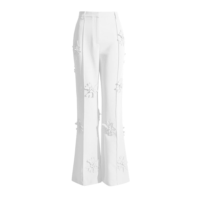 Luxury Designed 3d Floral Blazers & Trumpet Pants-Suits-White Pants-S-Free Shipping Leatheretro