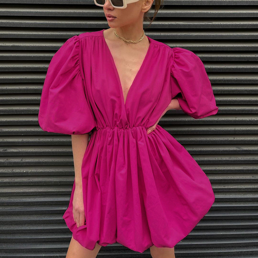 Summer Puff Sleeves Women Mini Dresses-Dresses-Dark Pink-S-Free Shipping Leatheretro