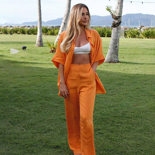 Summer Short Sleeves Orange Shirts and Wide Leg Pants Two Pieces Suits-Suits-Orange-S-Free Shipping Leatheretro