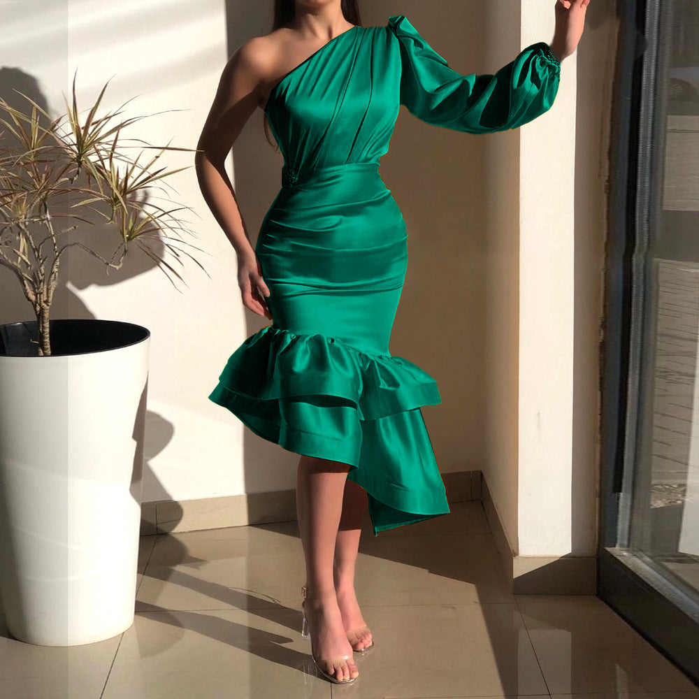 Designed One Shoulder Irregular Green Evening Party Dresses-Dresses-Green-S-Free Shipping Leatheretro