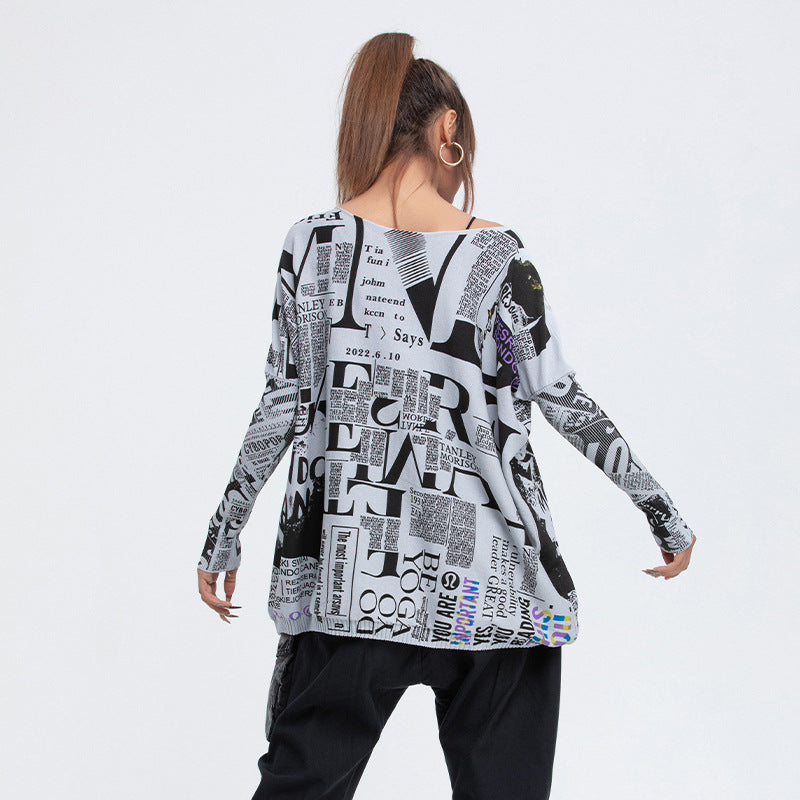 Casual Newspaper Pattern Women Loose Long Sleeves Shirts-Shirts & Tops-Gray-One Size-Free Shipping Leatheretro