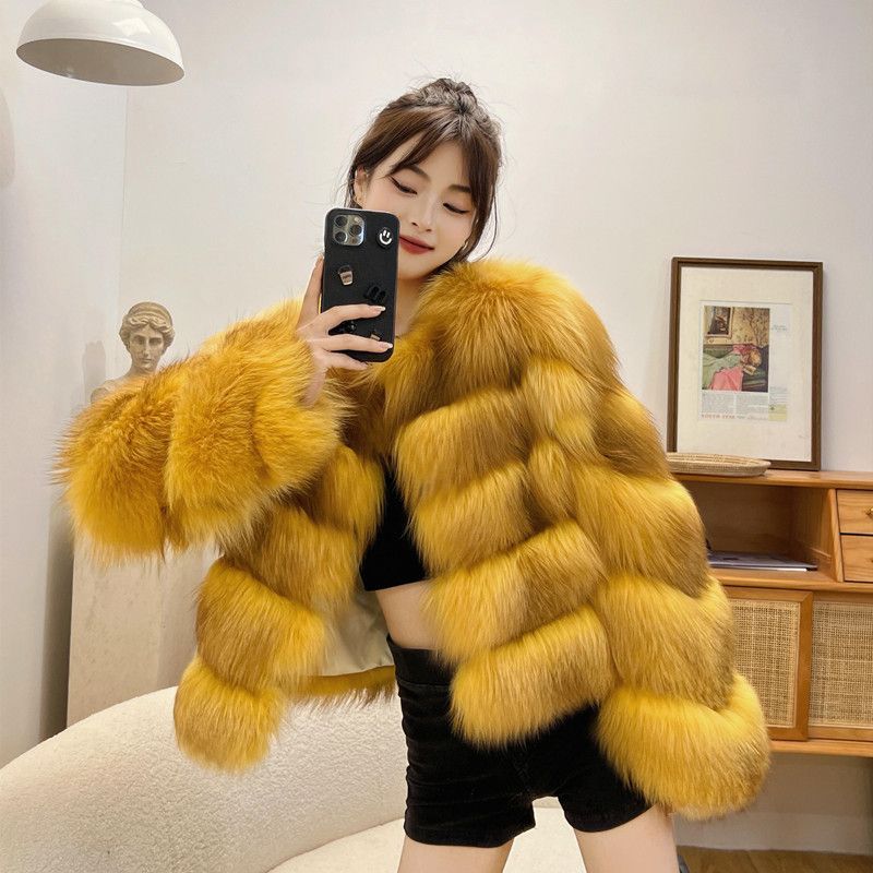Luxury Winter Fox Fur Women Coats-Coats & Jackets-Yellow-M 40-48 kg-Free Shipping Leatheretro