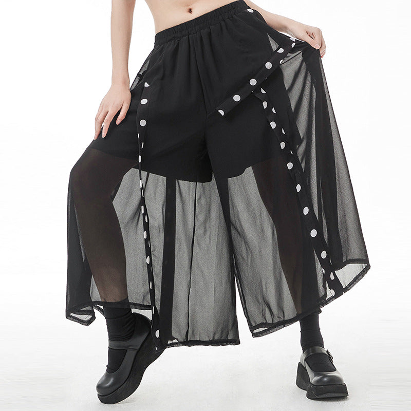 Black Tulle Dot Print High Waist Wide Legs Pants-Black-One Size-Free Shipping Leatheretro