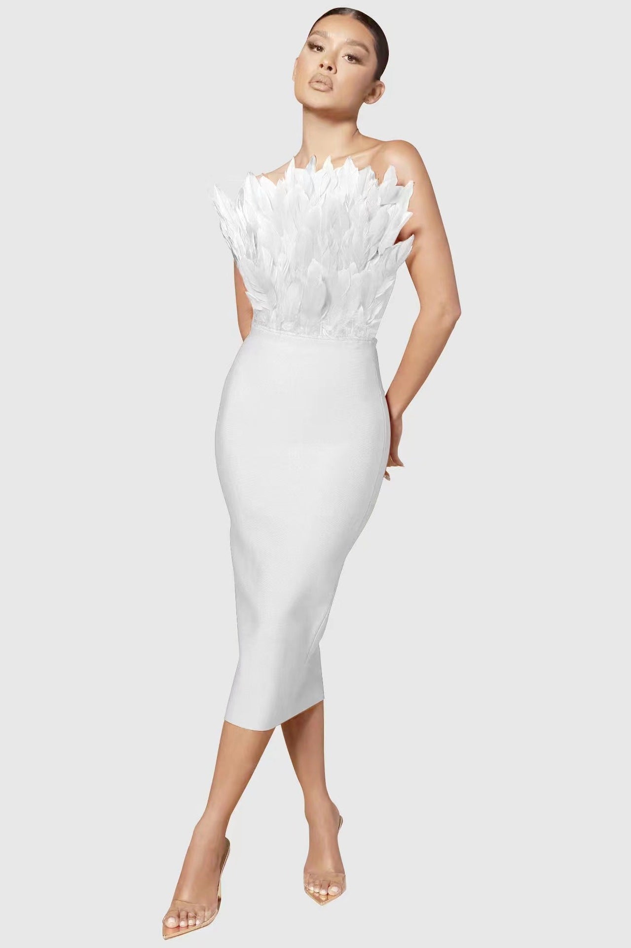 Sexy Designed Feather Sheath Evening Party Dresses-Dresses-White-S-Free Shipping Leatheretro