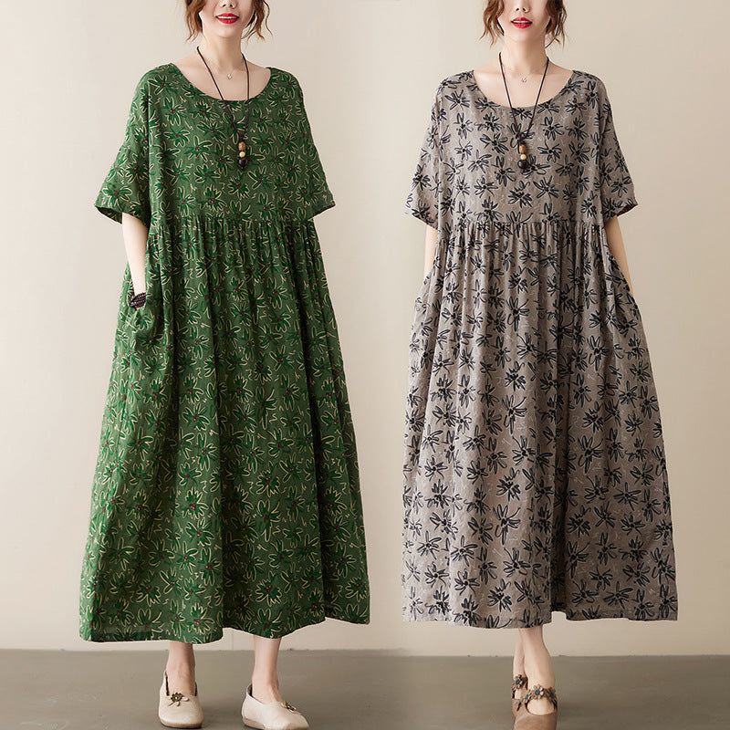 Vintage Leaf Print Plus Sizes Women Dresses-Dresses-Green-One Size-Free Shipping Leatheretro