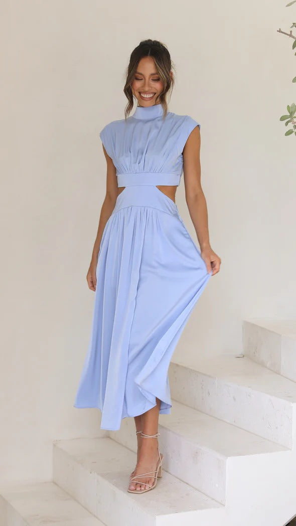 Fashion Stand Collar Waist Baring Summer Long Dresses-Dresses-Light Blue-S-Free Shipping Leatheretro