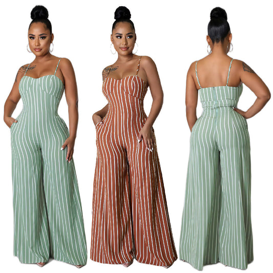 Sexy Backless Striped Wide Legs Jumpsuits-Jumpsuits & Rompers-Green-S-Free Shipping Leatheretro