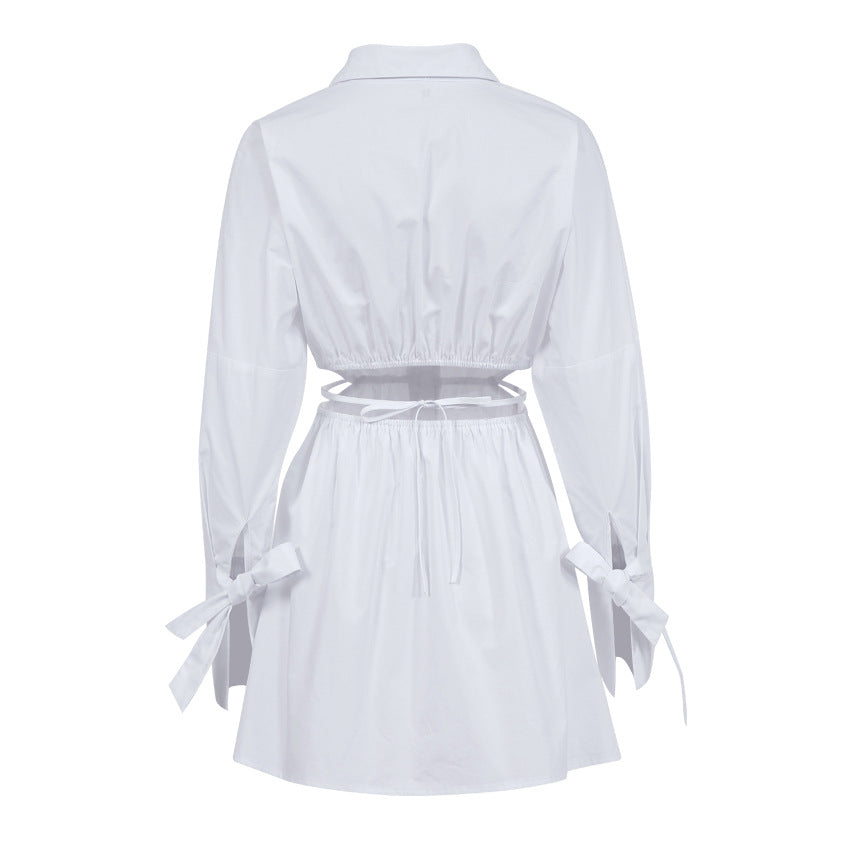 Sexy Waist Baring Long Sleeves Women Short Shirts Dresses-Dresses-White-S-Free Shipping Leatheretro