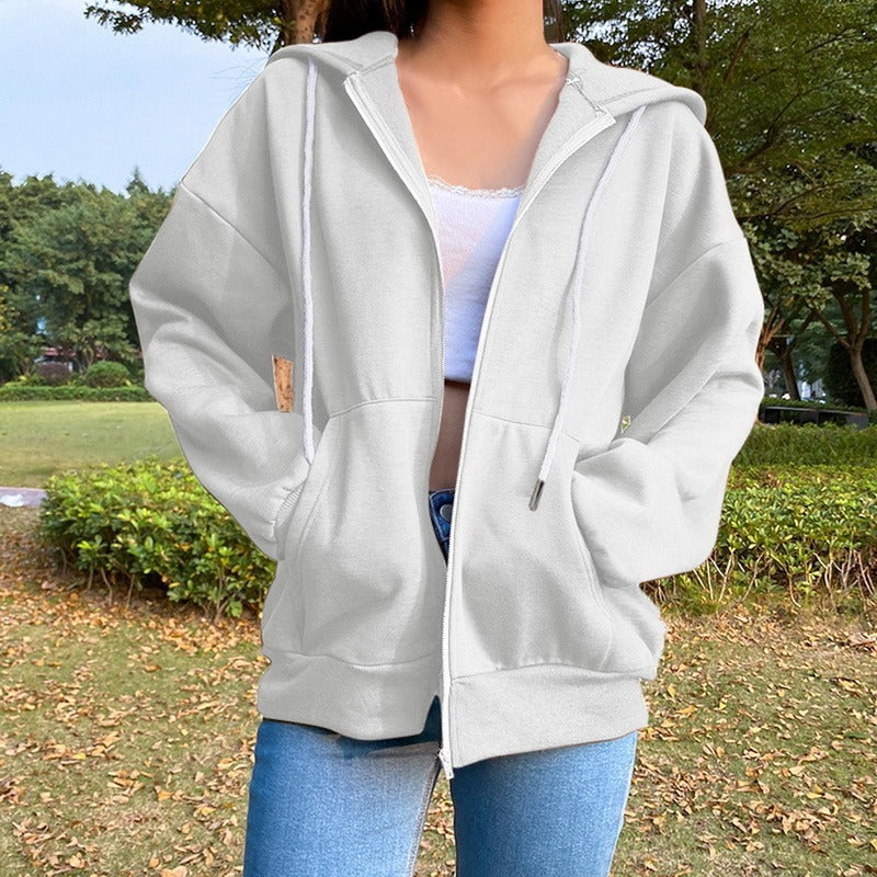 Casual Zipper Velvet Long Sleves Women Hoody Tops-Outerwear-Ivory-S-Free Shipping Leatheretro