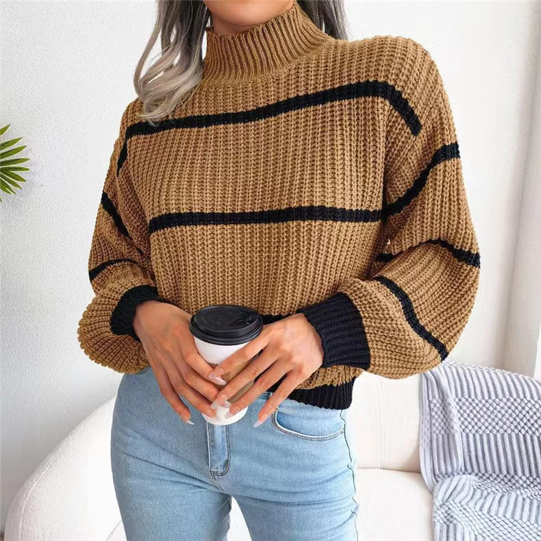 Fashion Striped High Neck Knitted Pullover Sweaters-Shirts & Tops-Khaki-One Size-Free Shipping Leatheretro