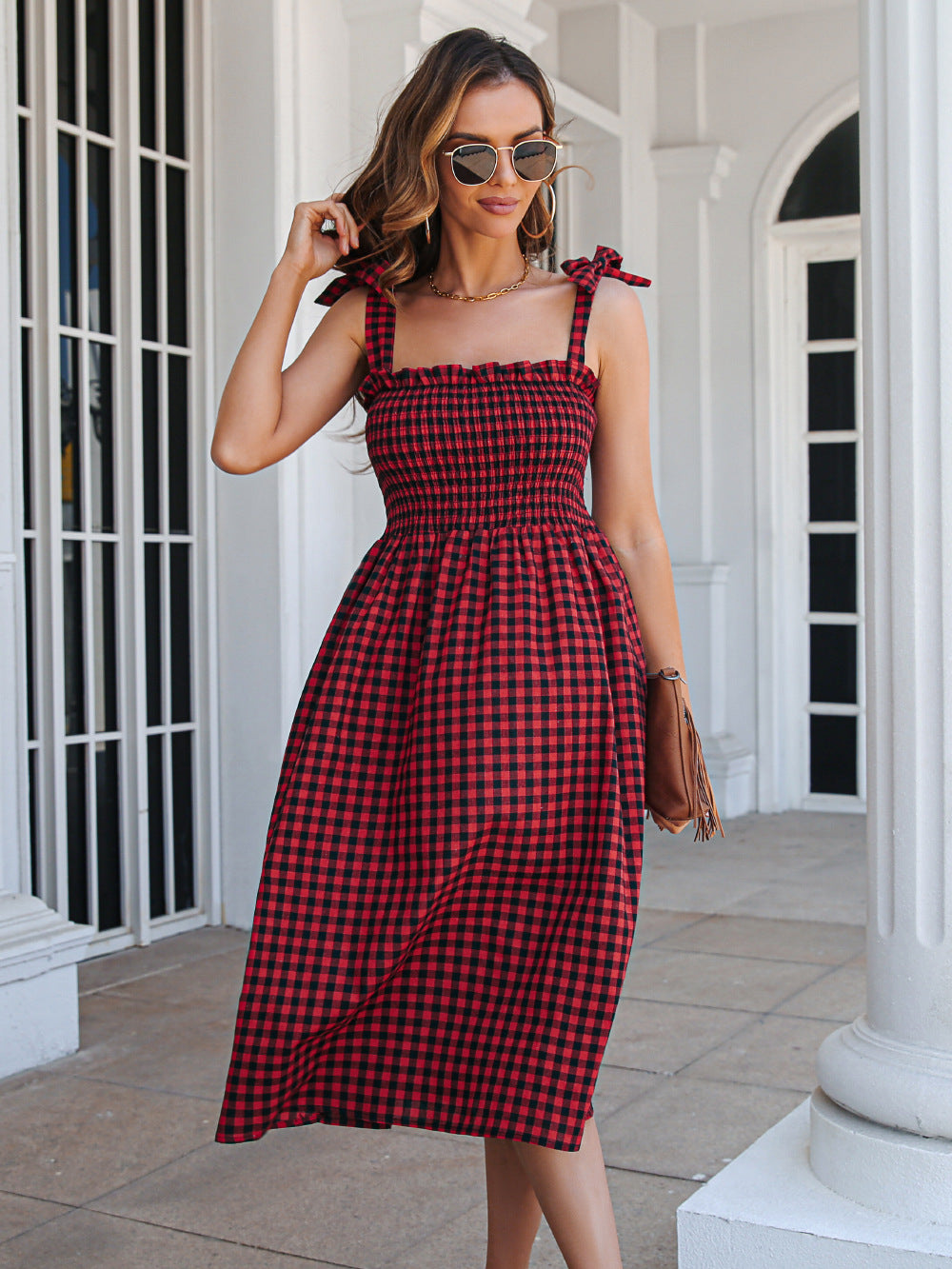 Summer Plaid Sleeveless Daily Dresses-Dresses-Red-S-Free Shipping Leatheretro