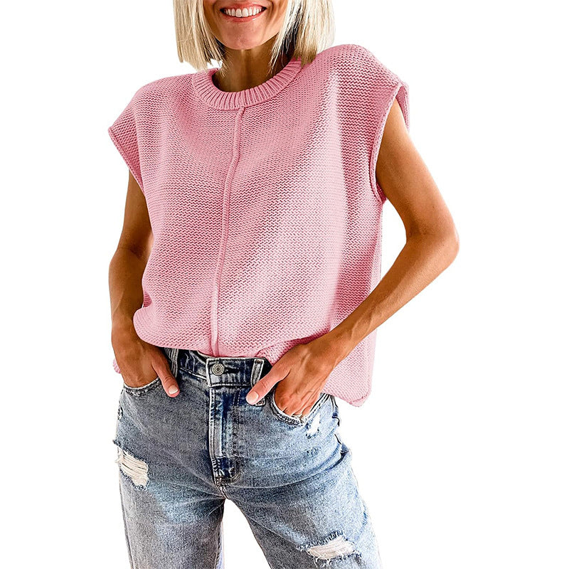 Casual Sleeveless Round Neck Knitted Vest-Shirts & Tops-Pink-S-Free Shipping Leatheretro