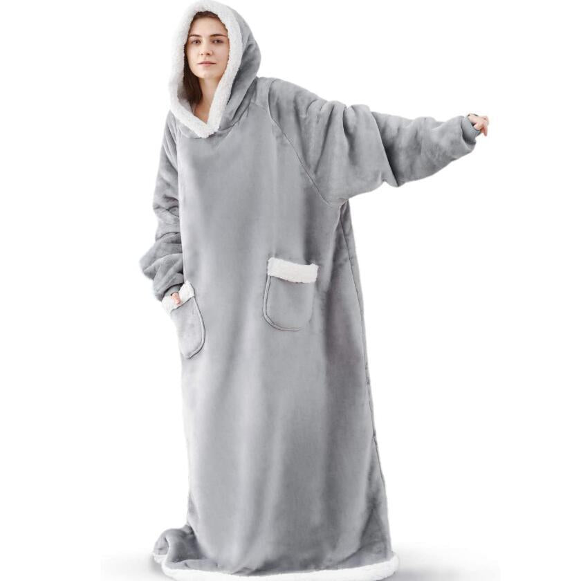 Winter Fleece Warm Long Hoodies Blanket-Sleepwear & Loungewear-Light Gray-120cm-Free Shipping Leatheretro