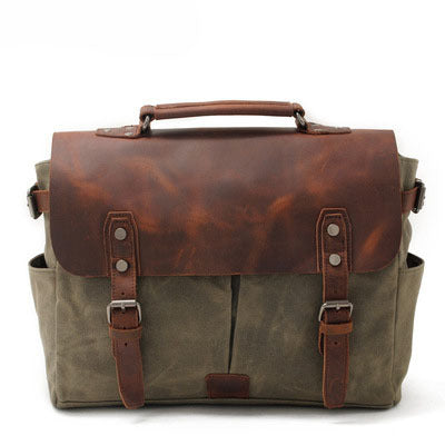 Vintage Waxed Leather Canvas Crossbody Bags for Men 1696-Leather Canvas Bag-Khaki-Free Shipping Leatheretro