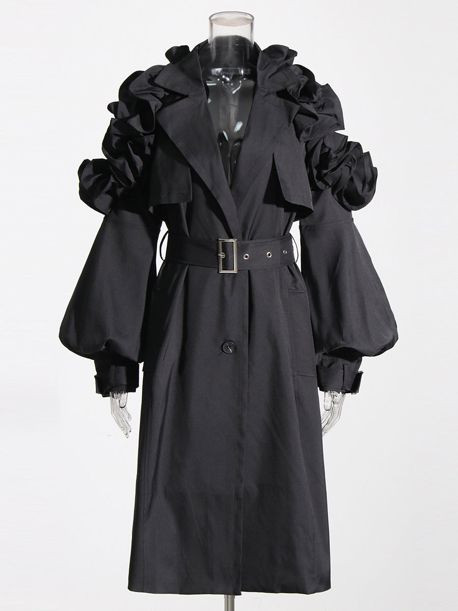 Designed Ruffled Long Sleeves Women Wind Break Coats-Coats & Jackets-Black-S-Free Shipping Leatheretro