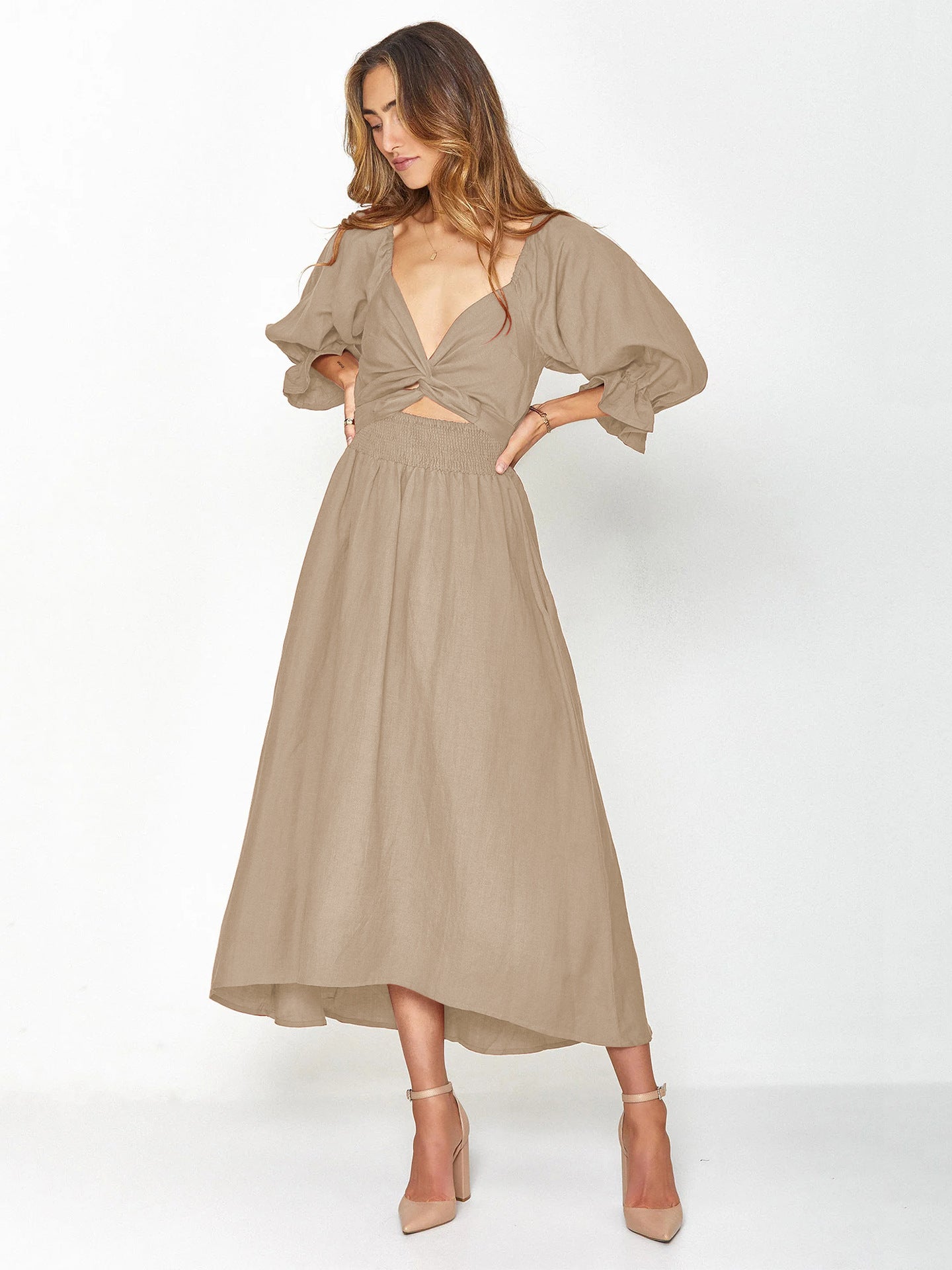 Summer High Waist Long Sleeves Double Sides Midi Dresses-Dresses-Apricot-S-Free Shipping Leatheretro