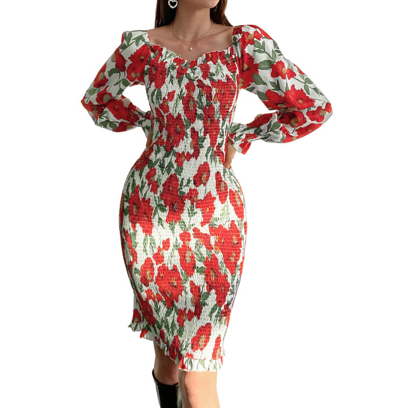 Sexy Red Flowers Long Sleeves Dresses-Dresses-The same as picture-S-Free Shipping Leatheretro