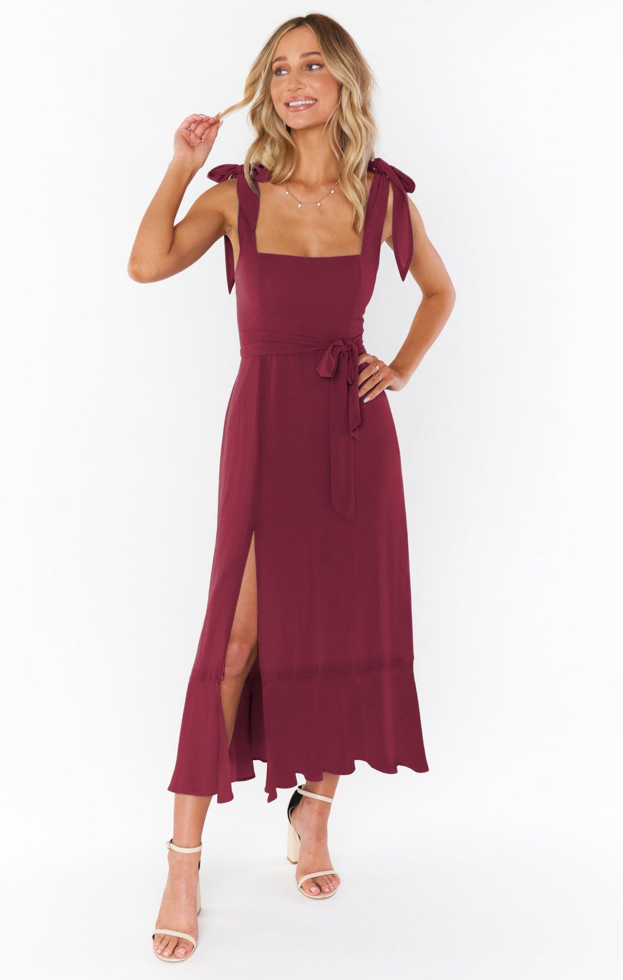 Fashion Summer Split Front Midi Dresses for Women-Dresses-Wine Red-S-Free Shipping Leatheretro