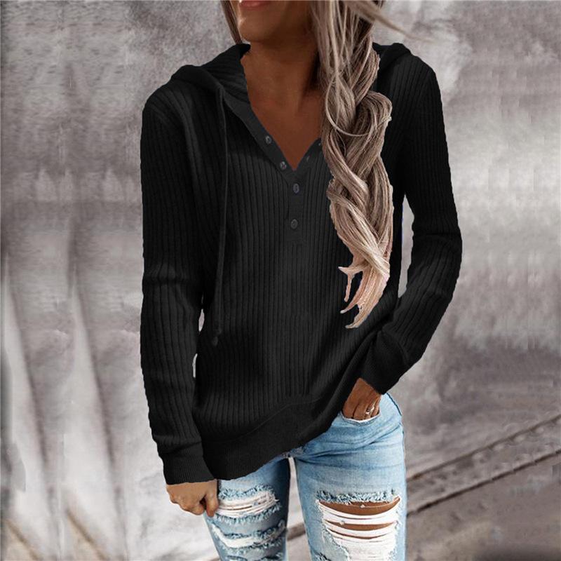 Women Casual Knitting V Neck Hoodies Sweaters-Shirts & Tops-Black-S-Free Shipping Leatheretro