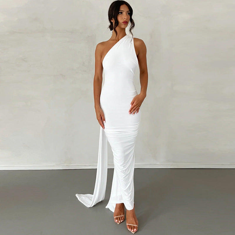 Sexy One Shoulder Sleeveless Long Evening Party Dresses-Dresses-White-S-Free Shipping Leatheretro