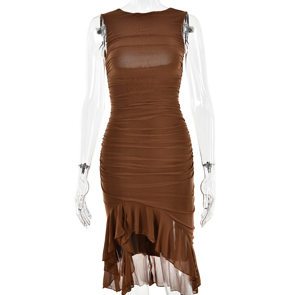 Sexy One Shoulder Summer Sleeves Sheath Dresses-Dresses-Brown-S-Free Shipping Leatheretro