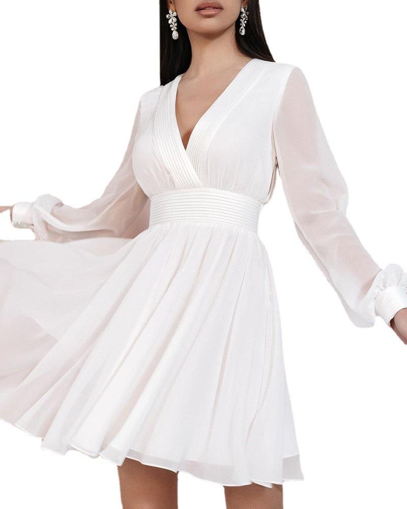 Long Sleeves Fashion Women Short Dresses-Casual Dresses-White-S-Free Shipping Leatheretro