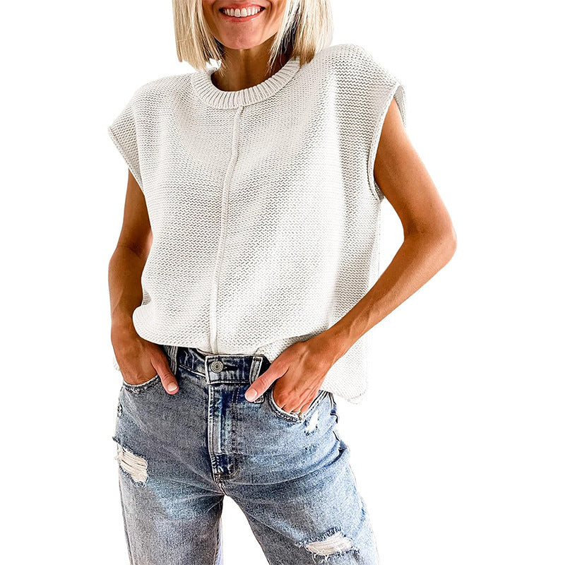Casual Sleeveless Round Neck Knitted Vest-Shirts & Tops-White-S-Free Shipping Leatheretro