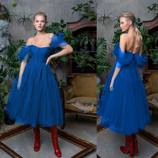 Blue Off The Shoulder Tulle Princess Dresses-Dresses-Blue-S-Free Shipping Leatheretro