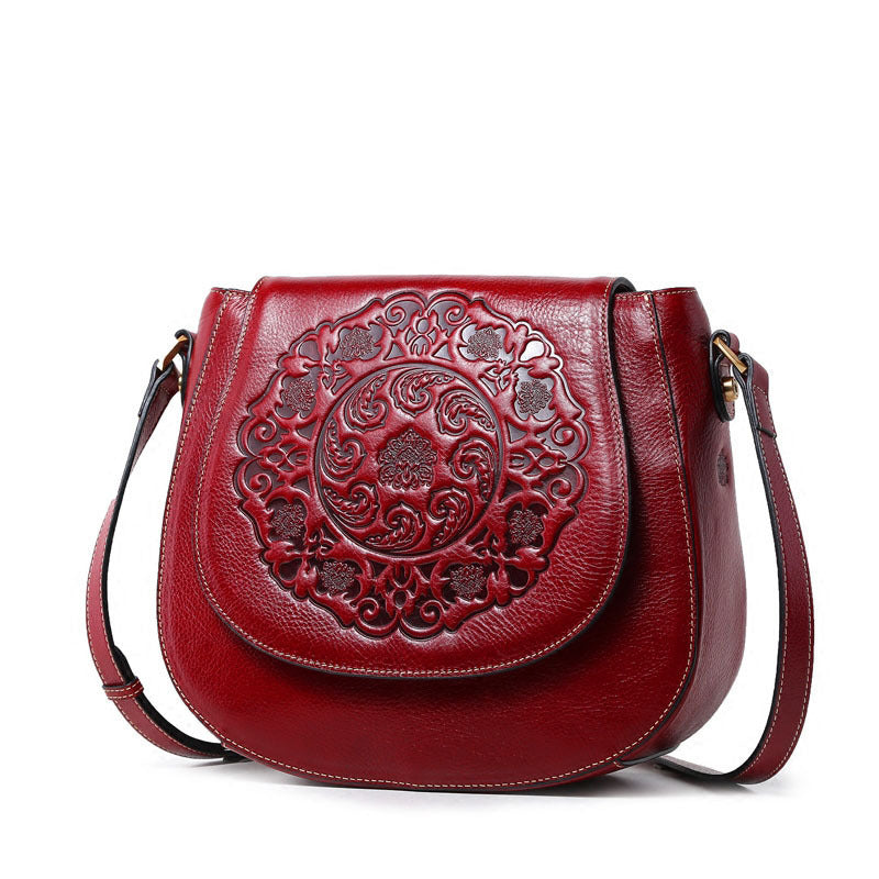 Vintage Cowhide Leather Totem Embossing Shoulder Handbags for Women-Leather Handbags for Women-Red-Free Shipping Leatheretro