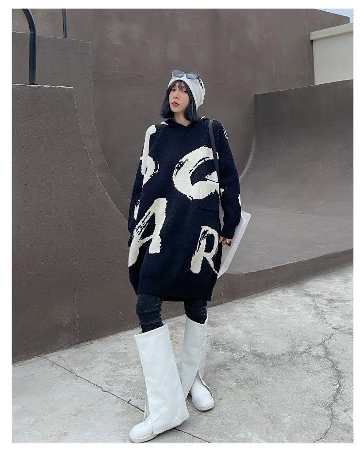 Cozy Letter Print Long Knitting Dresses-Sweater&Hoodies-Black-One Size-Free Shipping Leatheretro