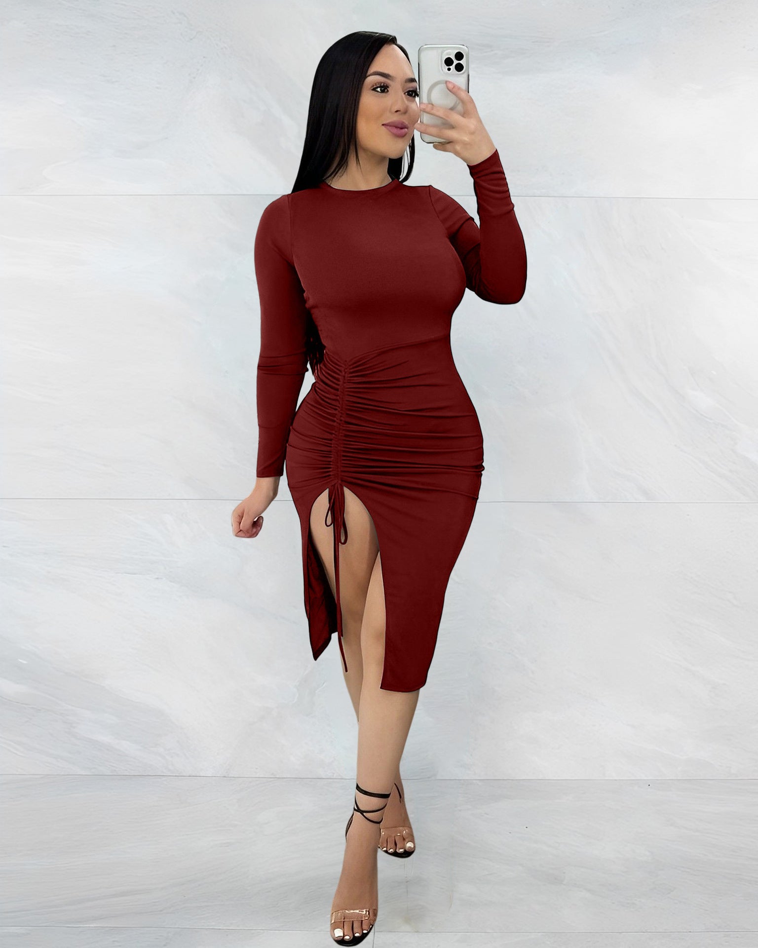 Sexy Drawstring Design Sheath Dresses for Women-Dresses-Wine Red-S-Free Shipping Leatheretro