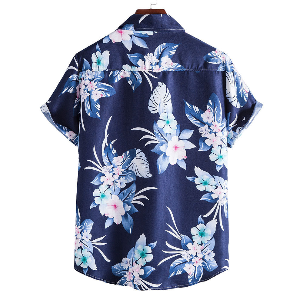 Blue Floral Print Men's Summer Short Sleeves T Shirts-Shirts & Tops-The same as picture-S-Free Shipping Leatheretro