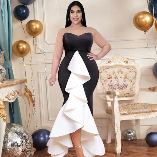 Strapless Women Irregular Ruffed Sexy Plus Size Dresses-Dresses-Black&White-S-Free Shipping Leatheretro