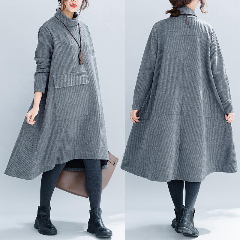 Vintage Turtleneck Women Winter Irregular Fall Dresses-Fall Dresses-Gray-One Size-Free Shipping Leatheretro