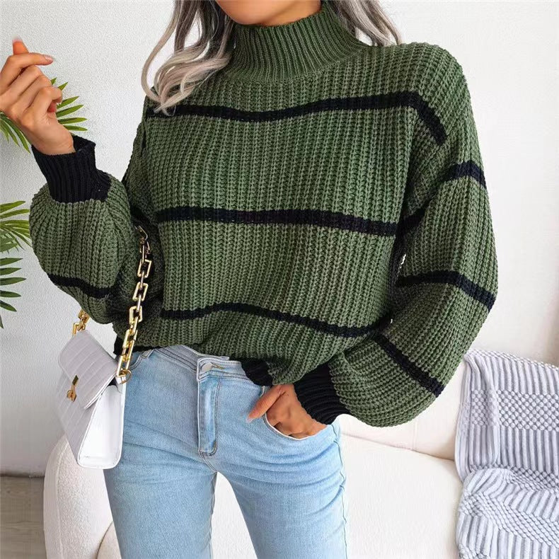 Fashion Striped High Neck Knitted Pullover Sweaters-Shirts & Tops-White-One Size-Free Shipping Leatheretro