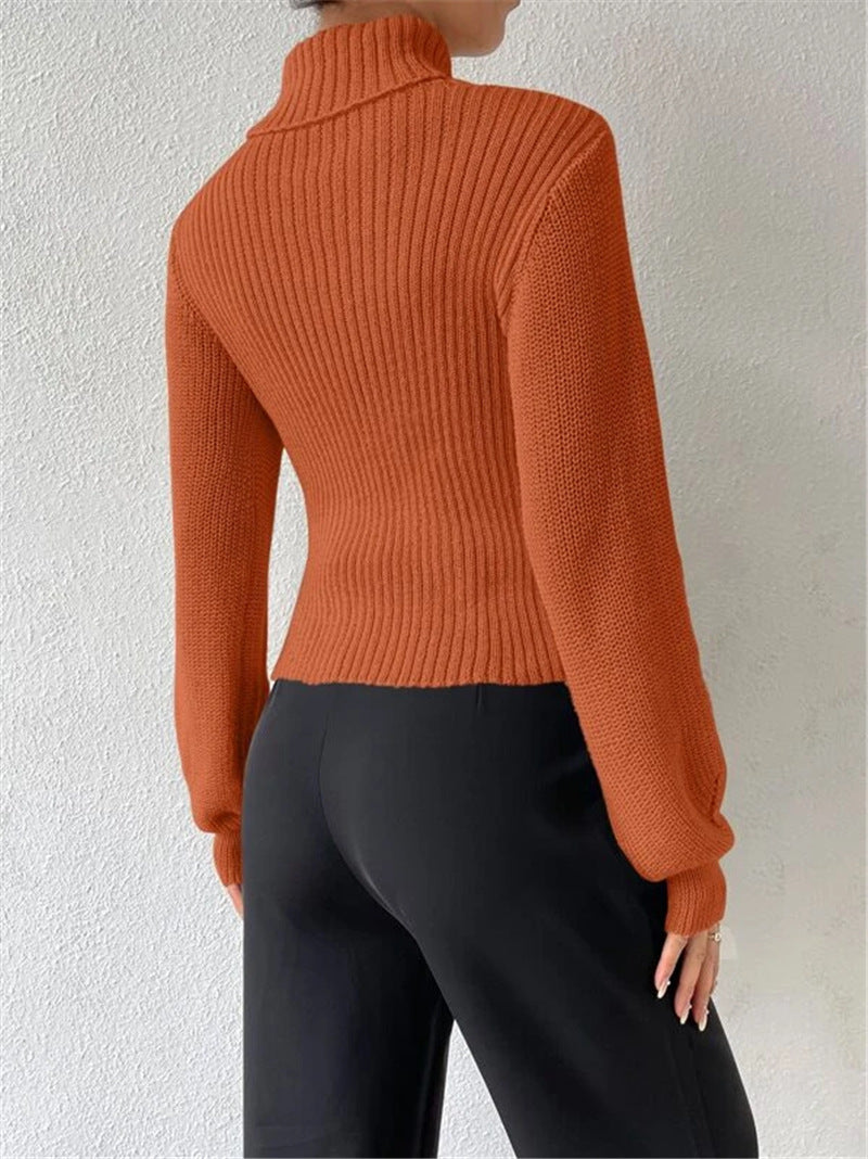 Sexy High Neck Knitted Sweaters-Shirts & Tops-Black-S-Free Shipping Leatheretro