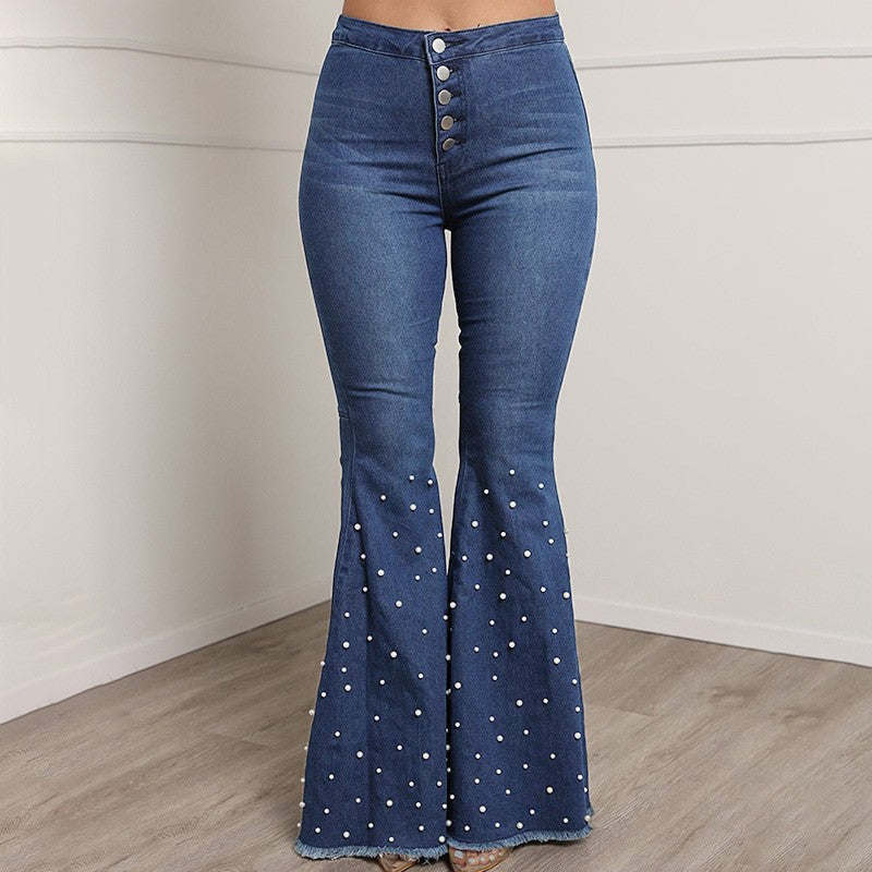 Casual Beaded Women Trumpet Jeans-Pants-Blue-S-Free Shipping Leatheretro