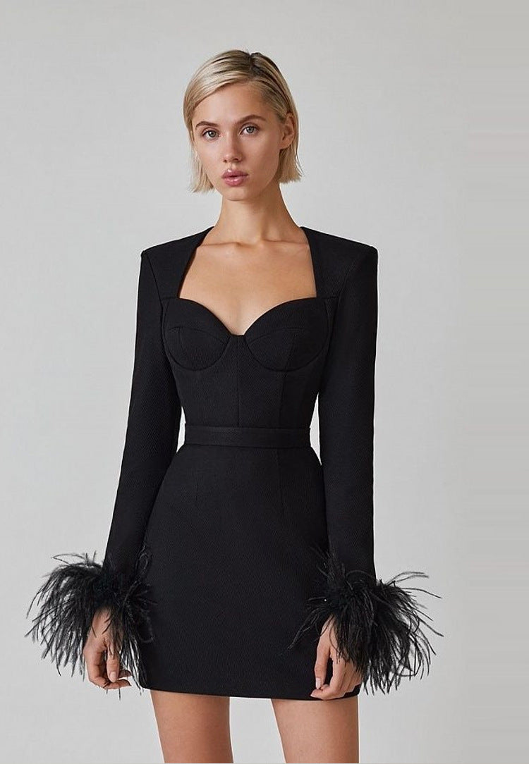 Sexy Square Neckline Feather Design Mini Dresses-Dresses-Black-XS-Free Shipping Leatheretro
