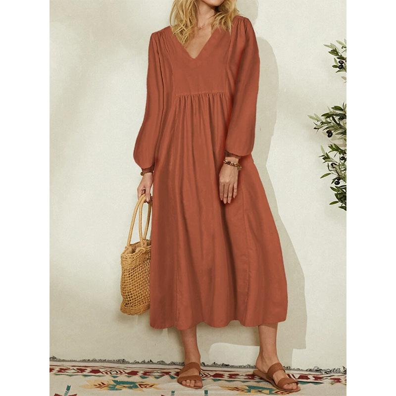 Leisure Cotton Long Sleeves Day Dresses-Maxi Dresses-Orange-M-Free Shipping Leatheretro
