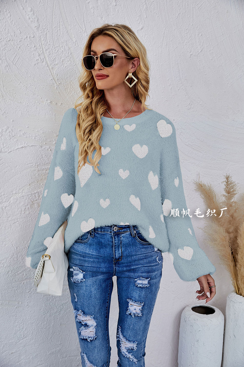 Casual Sweetheart Design Knitting Pullover Sweaters-Shirts & Tops-Blue-S-Free Shipping Leatheretro