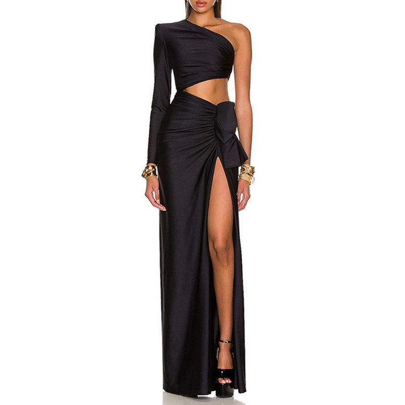 Sexy One Shoulder Waist Baring Black Evening Party Dresses-Dresses-Black-XS-Free Shipping Leatheretro