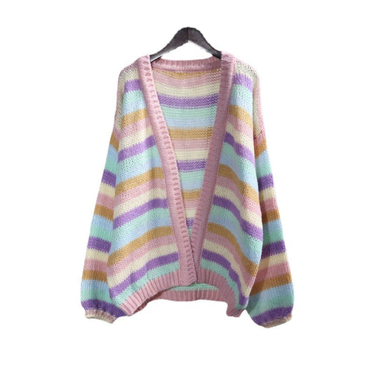 Colorful Striped Women Knitted Cardigan Outerwear-Shirts & Tops-Pink-One Size-Free Shipping Leatheretro