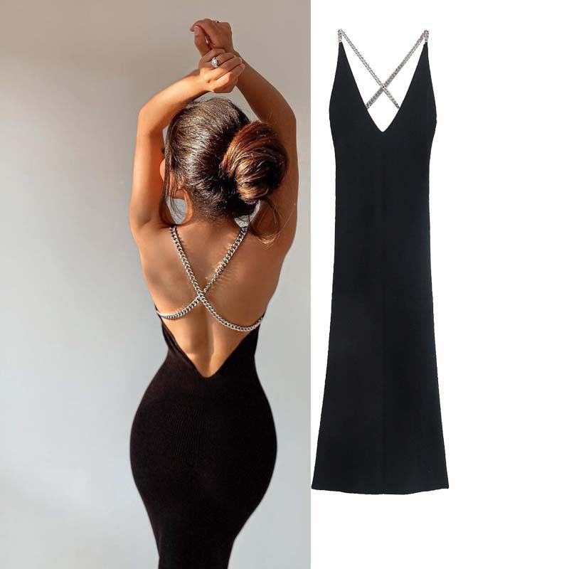 Sexy Black Backless Knitting Crossed Chains Women Dresses-Dresses-Black-S-Free Shipping Leatheretro