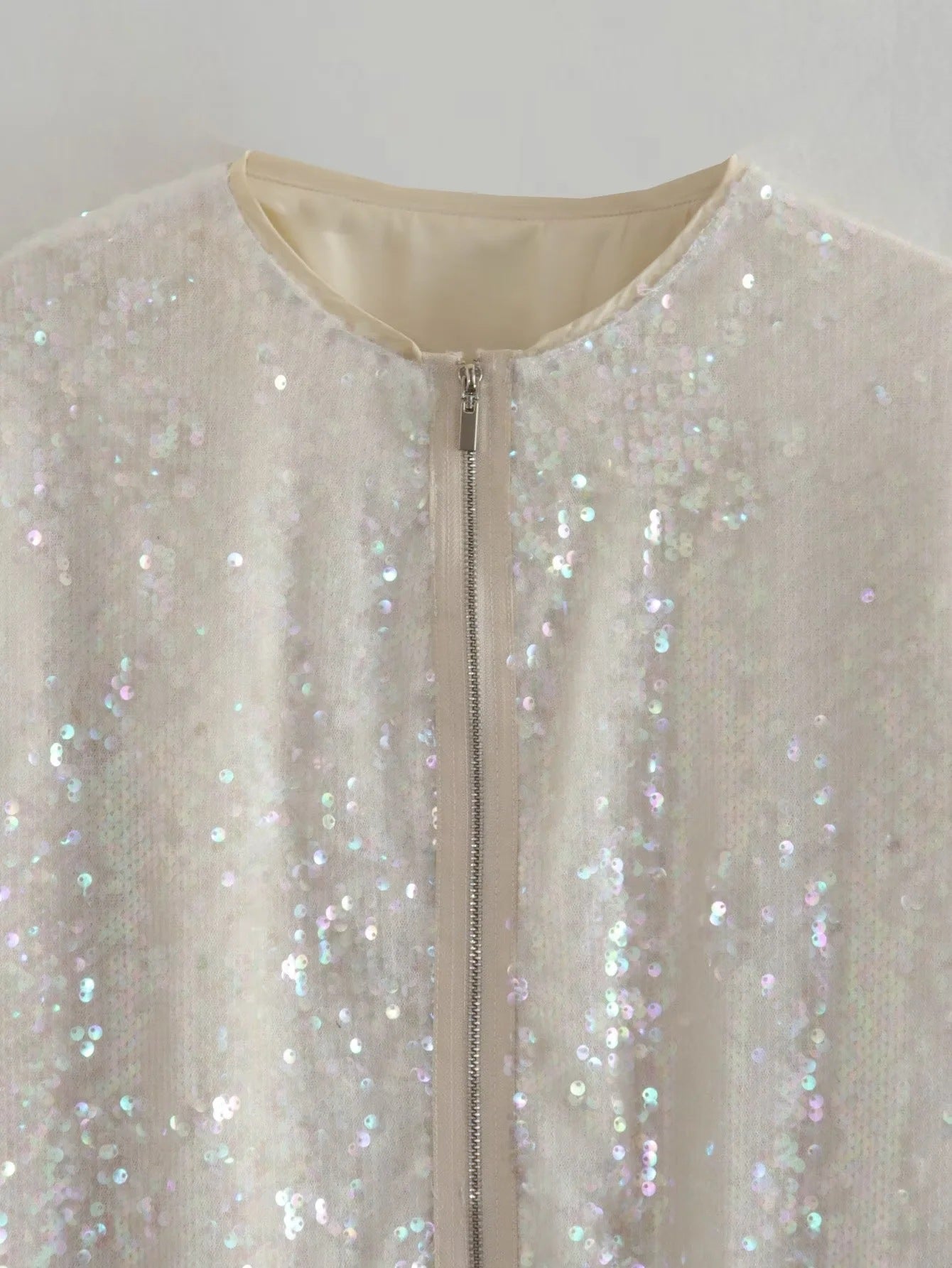 Fashion Sequined Round Neck Top Coats-Shirts & Tops-White-S-Free Shipping Leatheretro