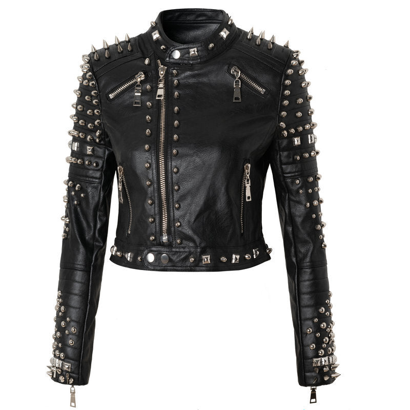 Black Punk Style Rived Short PU Jacket for Women-Coats & Jackets-Black-S-Free Shipping Leatheretro