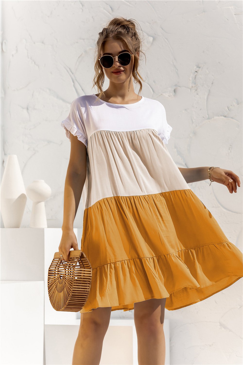 Summer Leisure Ruffled Daily Short Dresses-Mini Dresses-Yellow-S-Free Shipping Leatheretro