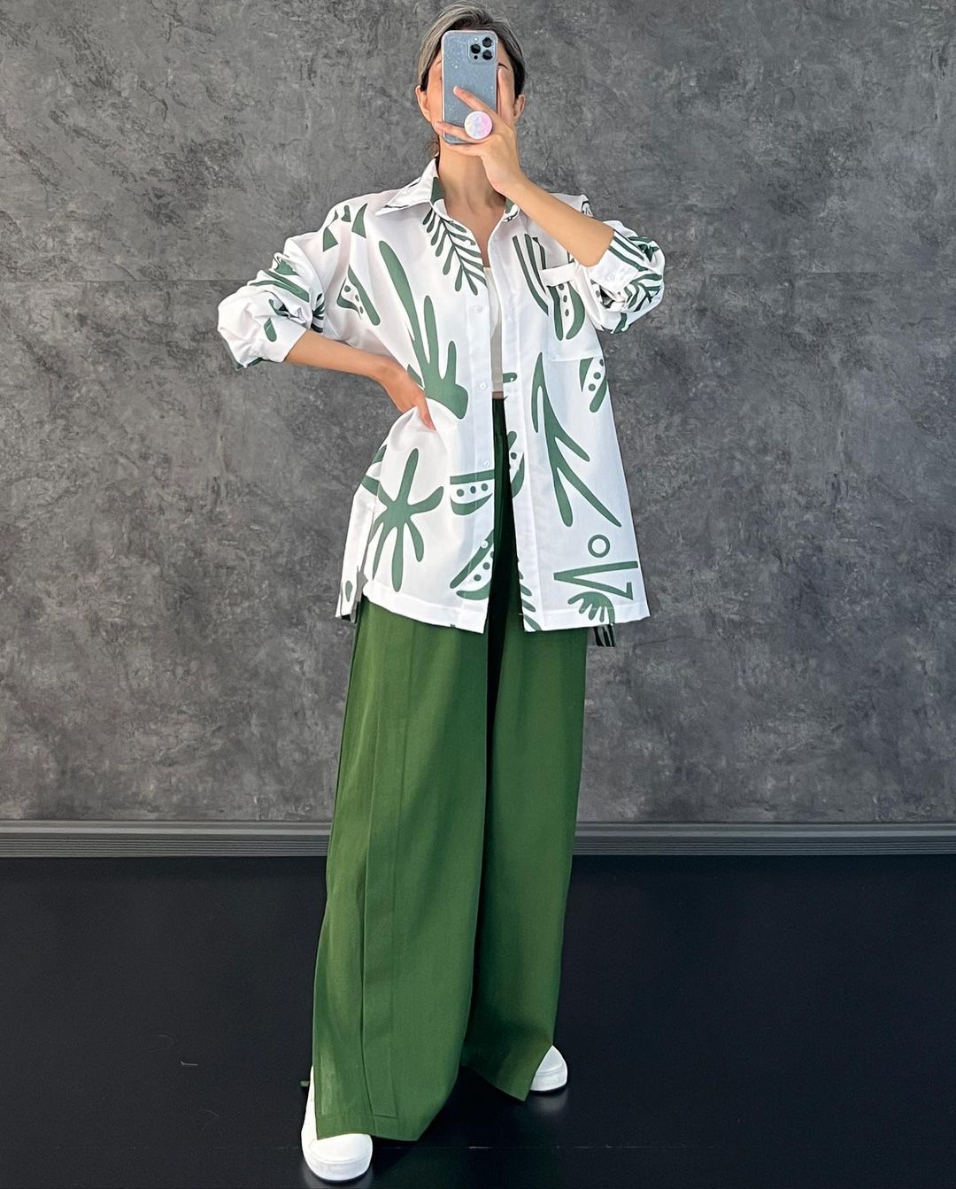 Casual Floral Print Long Sleeves Shirts & High Waist Pants-Suits-Green-M-Free Shipping Leatheretro