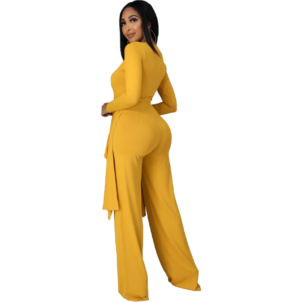 Sexy Long Sleeves Irregular Tops and Pants Set for Women-Suits-Yellow-S-Free Shipping Leatheretro