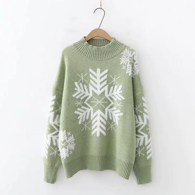 Christmas Snowflake High Neck Knitting Women Sweaters-Shirts & Tops-Green-One Size-Free Shipping Leatheretro