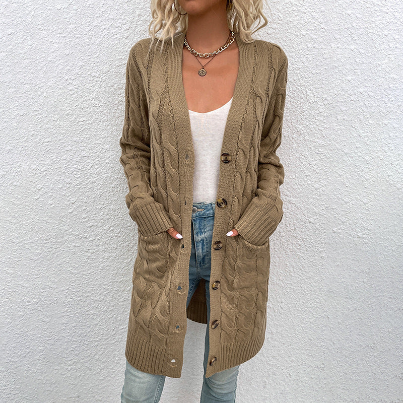 Casual Twist Design Long Cardigan Sweaters for Women-Coats & Jackets-Khaki-S-Free Shipping Leatheretro